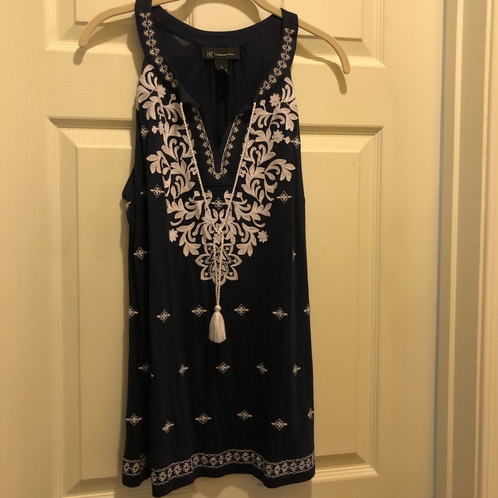 INC Navy embroidered summer top EUC
